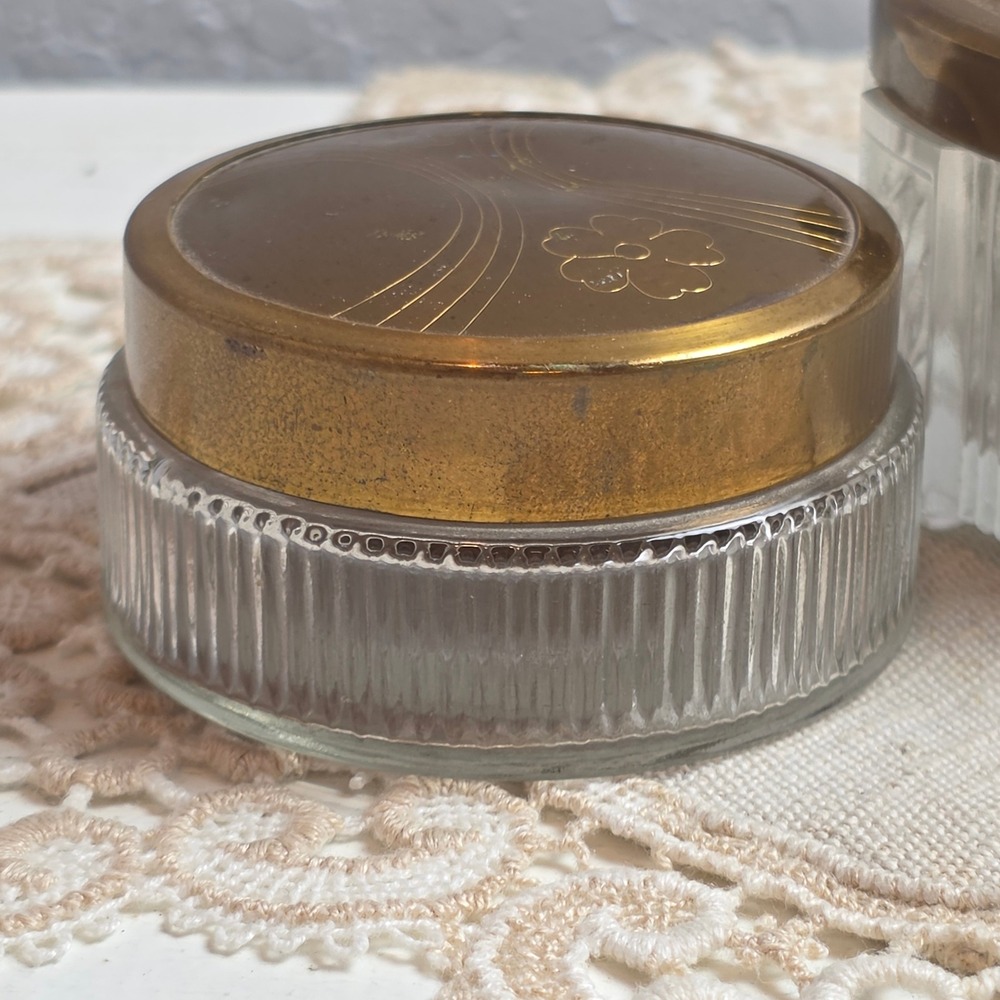 Vintage Glass Vanity Jar Set 2pc Floral Etched Brass Lids Ribbed Clear Glass - Picture 3 of 10